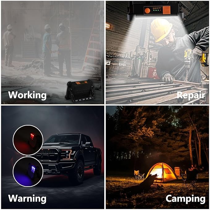 120W Solar Rechargeable Work Light, 144 LED Portable Flood Light with Stand, IP66 Waterproof 4 Modes LED Job Site Lighting Flashlights for Mechanic Camping Fishing Car Repair(Black 1 Pack)