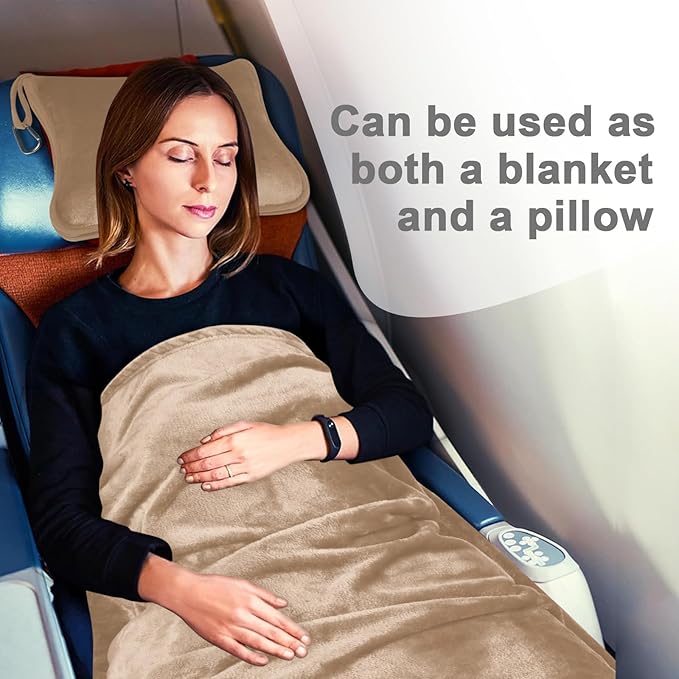 Travel Blanket and Pillow Compact, Premium Soft 2 in 1 Airplane Blanket with Soft Bag Pillowcase,Hand Luggage Sleeve and Backpack Clip (Brown)