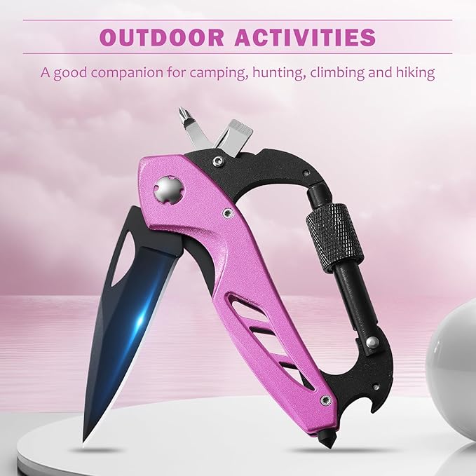 Pink Multitool Carabiner Knife for Women Men,Survival Gear for Camping Hiking,EDC Carabiners, 6-in-1 Multi Tools with Window Breaker, Bottle Opener and Screwdriver,Gifts for Women/Men (Pink)