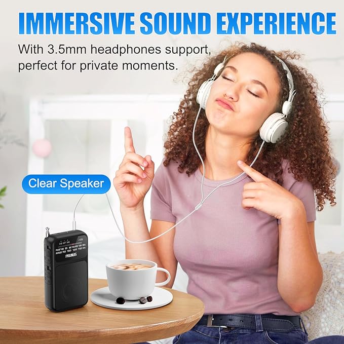 PRUNUS J-555 Pocket Radio AM FM USB-C Charging& Battery Operated, Excellent Reception& Clear Speaker and Headphone Jack, Back Clip, Flashlight, Transistor Radios, Portable Radios AM FM, Mini Radio