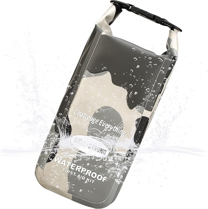 Boat First Aid Kit Waterproof, WELL-STRONG Marine Emergency Kit with Roll Top Dry Bag for Boating Fishing Kayaking – Water-Resistant Contents for Camping & Beach(Camouflage Grey)