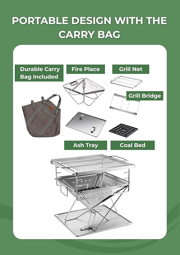 CAMPINGMOON 3 in 1 Portable Fire Pit 12 inch Foldable Stainless Steel Wood Burning Camping Stove BBQ Grill for 3 People Adjustable Height Outdoor Cooking Campfire Carry Bag included MT-035