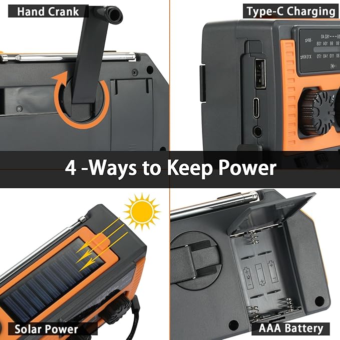 4-in-1 Emergency Radio with Solar Panel, Crank Radio Solar Charging with Flashlight and Power Bank, Emergency Radio Hand Crank Solar, AM/FM/SW NOAA for Camping & Hiking
