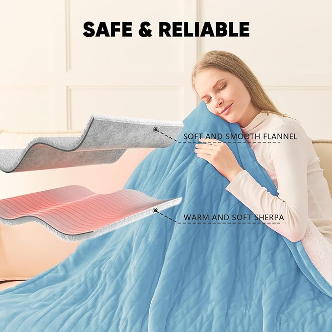 greenoak Heated Blanket Electric Throw 50"X60", Heating Blankets with 10 Heat Levels 8 Hours Auto-Off, Soft Flannel Sherpa Fluffy House Warming Gifts for Grandma Seniors Momt, Pale Blue