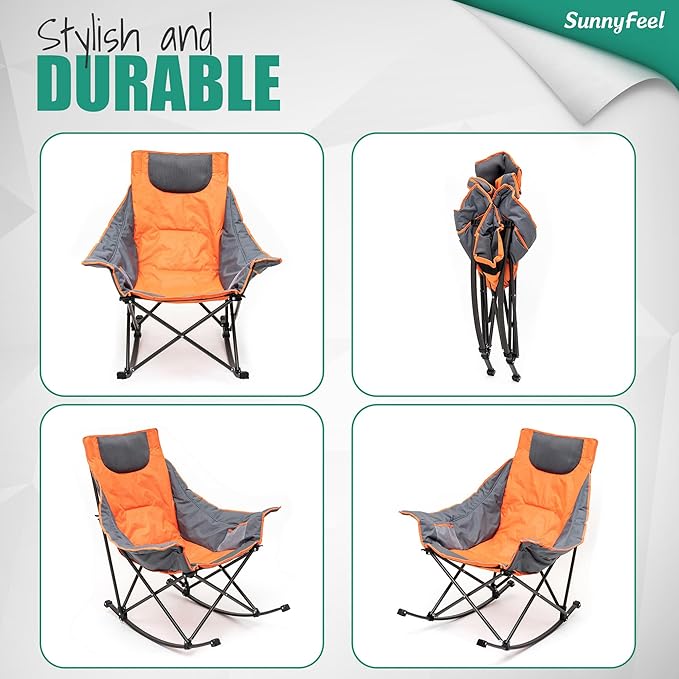 SUNNYFEEL Oversized Heated Rocking Camping Chair, Fully Padded Patio Chair with Side Pocket, High Back Portable Lawn Recliner with Carry Bag, Outdoor Rocker Camp Chair for Adults Heavy Duty 500 LBS