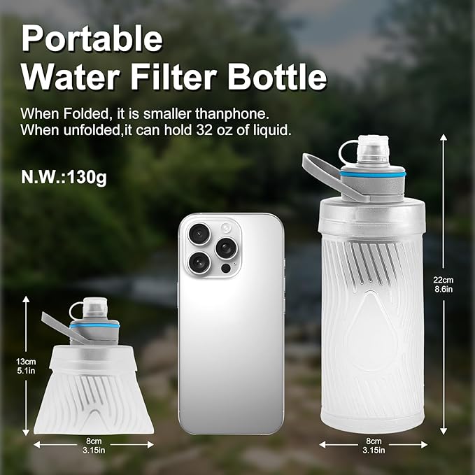 SurviMate 700ml Collapsible Water Filter Bottle,Squeeze Water Filtered Bottle,BPA-Free, Ultra Light Survival Emergency Water Filter,Perfect for Hiking, Backpacking, Camping