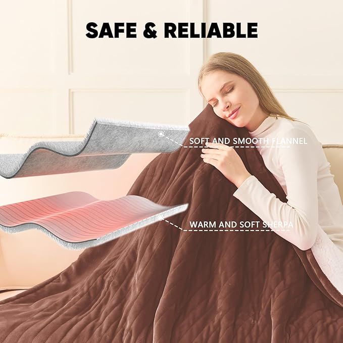 greenoak Heated Blanket Electric Queen Size 84"X90" Dual Control, Heating Blankets with 10 Levels 8 Hours Auto-Off, Soft Flannel Sherpa Fluffy House Warming Gifts for Grandma Seniors Mom,Mocha