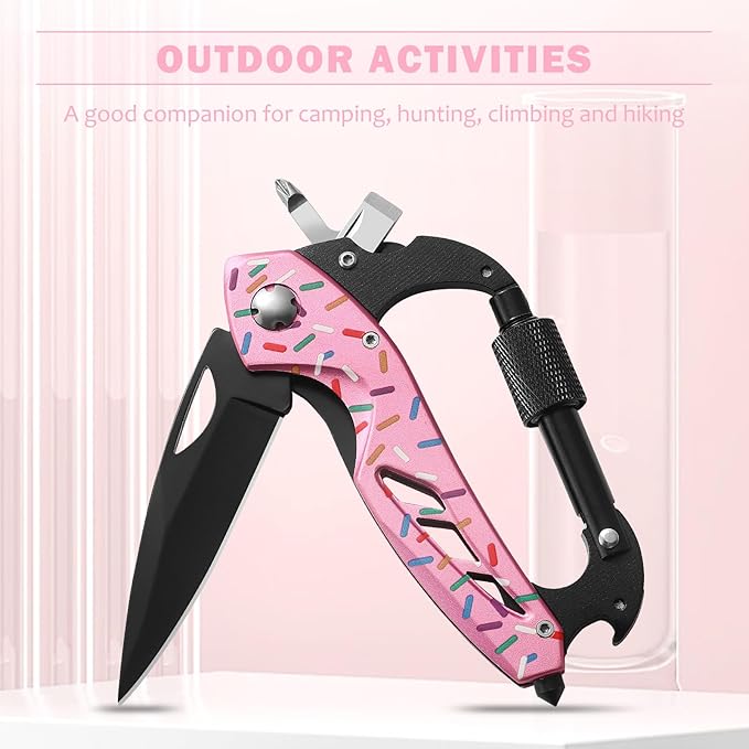 Donut Multitool Carabiner Knife Gifts for Women Men,Survival Gear for Camping Hiking,EDC Carabiners, 6-in-1 Multi Tools with Window Breaker, Bottle Opener and Screwdriver,Gifts for Women Men (Donut)