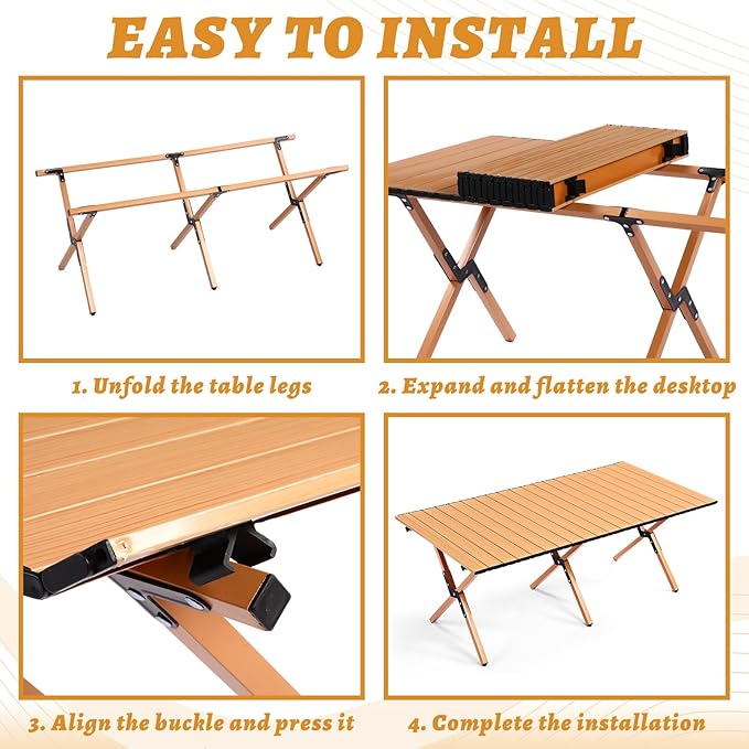 Suzile 2 Pack 4FT Folding Camping Table, Roll Up Portable Camp Table with Carry Bag, Low Collapsible Lightweight Aluminum Outdoor for Camping, Picnic, Beach, Patio, Kitchen(Yellow Wood Color)