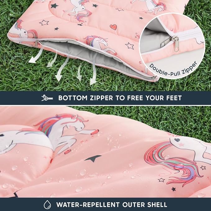 Wake In Cloud - Kids Sleeping Bag for Girls Toddlers, Camping in Warm Cold Weather, Backpacking Lightweight Compact Outdoor Liner for 3 Seasons, Unicorns Stars Hearts