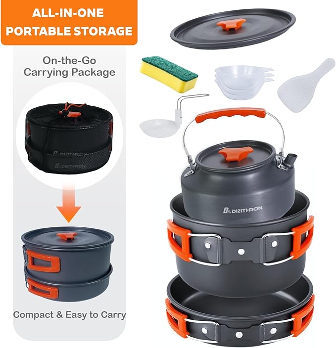Camping Cookware Set Silicone Handle 10-Piece Lightweight Backpacking Pots and Pans Set, Compact Nesting Camping Cooking Set with Folding Handle for Hiking Family Camping & Outdoor Picnic