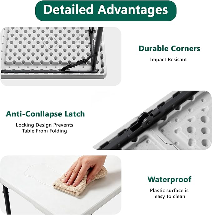 Folding Table 48" x 24" - Heavy Duty Fold-in-Half Plastic Table with Adjustable Height, Portable Utility Tables with Steel Legs for Indoor, Outdoor, Picnic, Camping, Dining, Party (White)