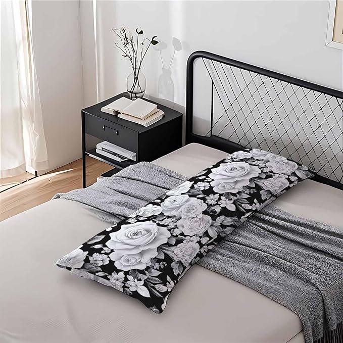 Rose Body Pillow Pillowcase Farmhouse Body Pillow Cushion Covers Floral Peony Roses Black White, 20x54 Inch Bedding Pillow Protectors Large Pillow Cases for Home Couch Sofa