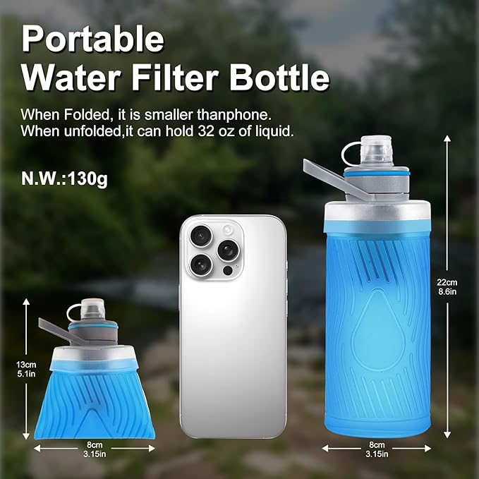 SurviMate 700ml Collapsible Water Filter Bottle,Squeeze Water Filtered Bottle,BPA-Free, Ultra Light Emergency Survival Water Filter,Perfect for Hiking, Backpacking, Camping