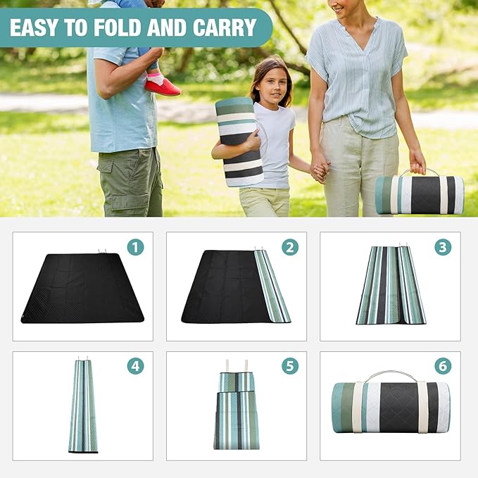 Picnic Blankets Outdoor Extra Large - 80"x80" Waterproof Beach Blanket, Machine Washable 3-Layer Foldable Park Mat with Sandproof Backing for Grass, Hiking, Travel, Concerts, Indoor (OliveStrip)