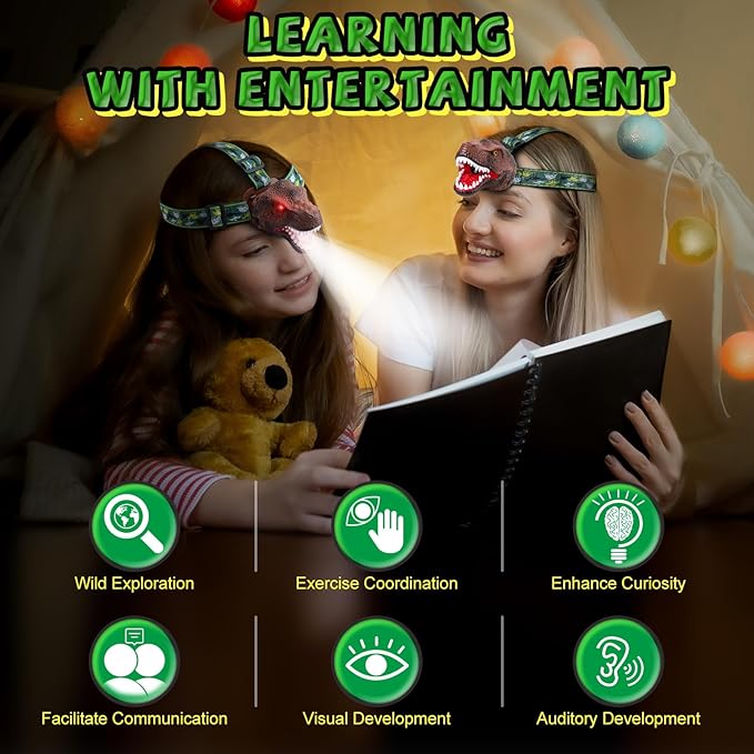 Nitigo Dinosaur Headlamp for Kids Flashlight Rechargeable Led Headlights Roar & Silent Mode, T-Rex Dinosaur Toys for Kids 3-5 4-6 5-7 6-8, Camping Gear, Easter Gifts for Boys Girls Adults
