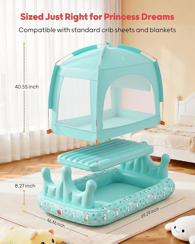 QPAU Princess Inflatable Toddler Bed with Tent, Blow Up Toddler Travel Bed with Sides, Portable Kids Air Mattress for Girls, Ideal for Home, Grandma’s, Camping & Sleepovers – Includes Electric Pump