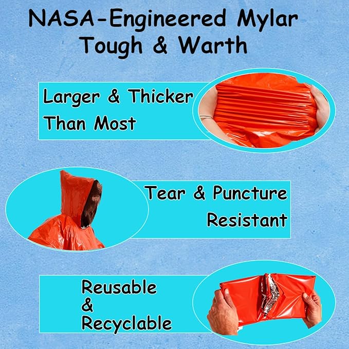 King Mills Plus Size Emergency Blankets for Survival, Thermal Blankets Survival with Hood, Ultralight Outdoor Mylar Emergency Blanket for Camping, Hiking. 2PK