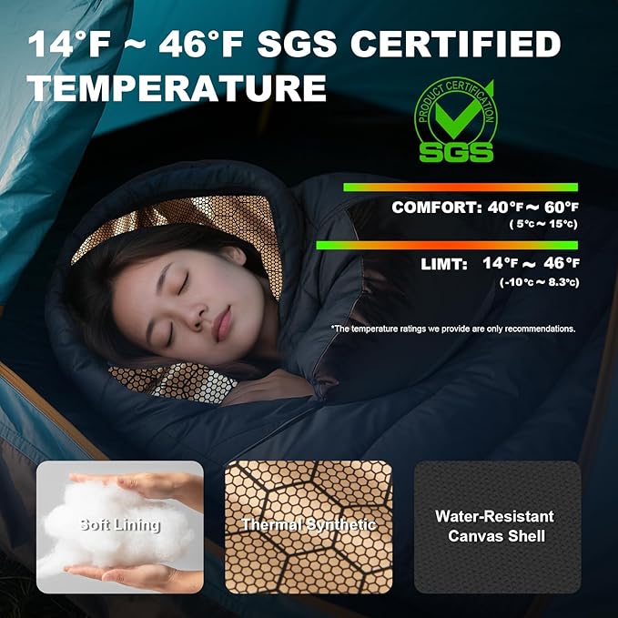 Sleeping Bag for Adults All Season 0 Degree,Cotton Canvas with YKK Zipper Compact Backpacking Mummy Camping Sleeping Bag