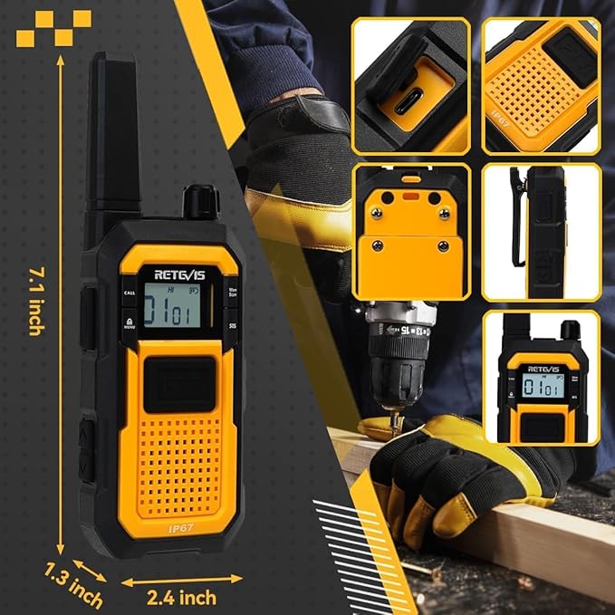 Retevis RB48 2 Way Radio Long Range, IP67 Waterproof Walkie Talkies Adults, Drop-Proof, 2000mAh, Emergency, Heavy Duty Two Way Radios, for Job Site Construction Warehouse(6 Pack)
