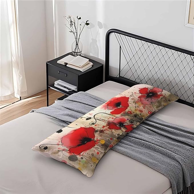 Red Poppy Decorative Body Pillowcase 20"X54", Watercolor Poppies Red Outdoor Body Pillow Covers Throw Pillow Cushion Covers Oversized Body Pillow Cases for Home Patio Office