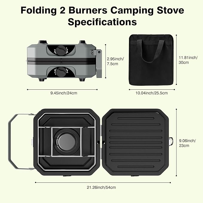 Camping Stove Portable Propane Camp Stove with Independently Adjustable Heat & 2 Burners, Foldable Gas Stove with Carry Bag for Outdoor Cooking,Tailgating & Backyard Gathering(Gray)