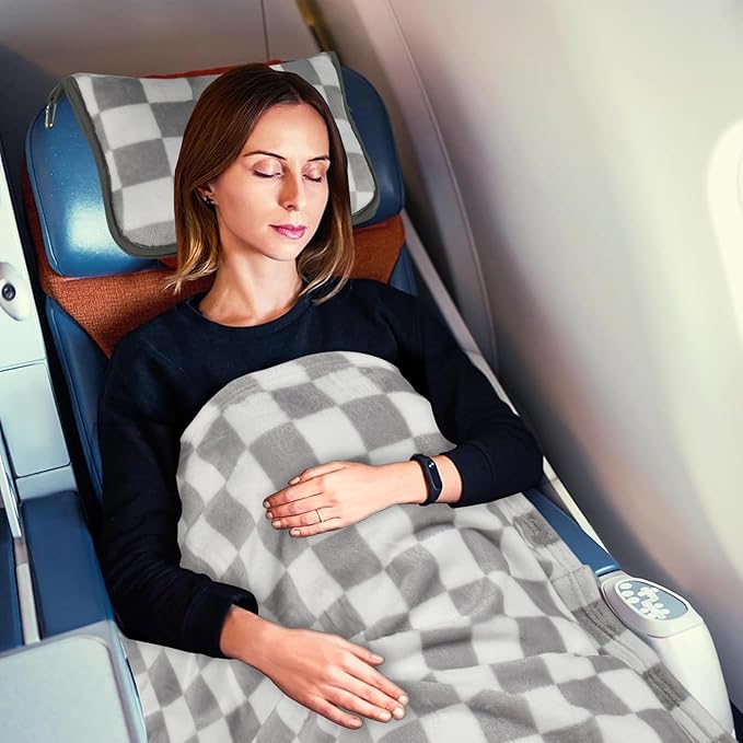 Travel Blanket and Pillow Compact, Premium Soft 2 in 1 Airplane Blanket with Soft Bag Pillowcase,Hand Luggage Sleeve and Backpack Clip (Grey Checkered)