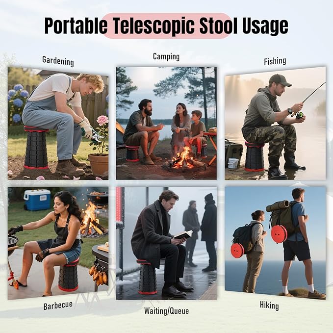 Doseno Upgraded Foldable Stool Thickened, Portable Collapsible Stool Retractable Stool for Fishing, Hiking Tours, BBQ, Parties, Outdoor Activities (Red, 2pack)