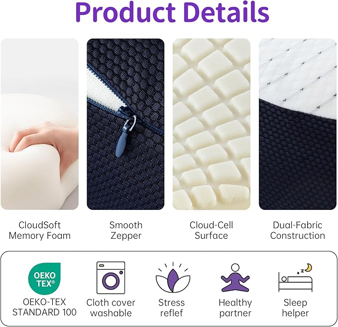 Portable Memory Foam Pillow for Sleeping - Standard Size Roll-Up Bed Pillow for Hotel & Camping, Deep Sleep Neck Support Pillow for Side & Back Sleepers, Packable with Carry Bag