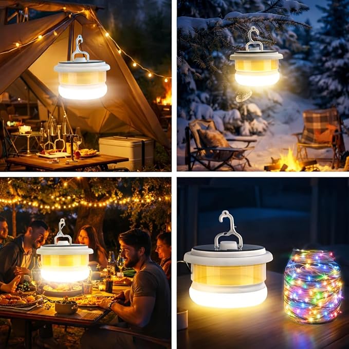 Camping String Lights Outdoor Solar, 3 in 1 Waterproof Camp Light Portable RGB String Light with 7 Modes (26.2ft), Solar/USB Rechargeable Tent Lantern for Camping, Hiking, Yard, RV, Festival Decor
