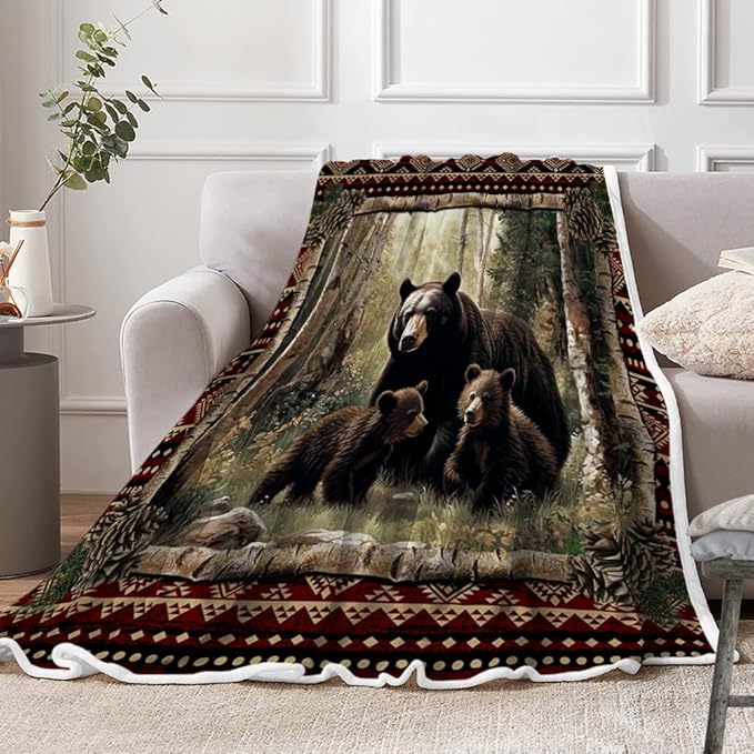 Torich Cabin Throw Blankets, Rustic Farmhouse Hunting Deer Bear Sports Cozy Warm Bed Couch Blanket, Country Wooden Hunting Camping Forest White Fleece Flannel Throws to Decorate The Room and Bedroom