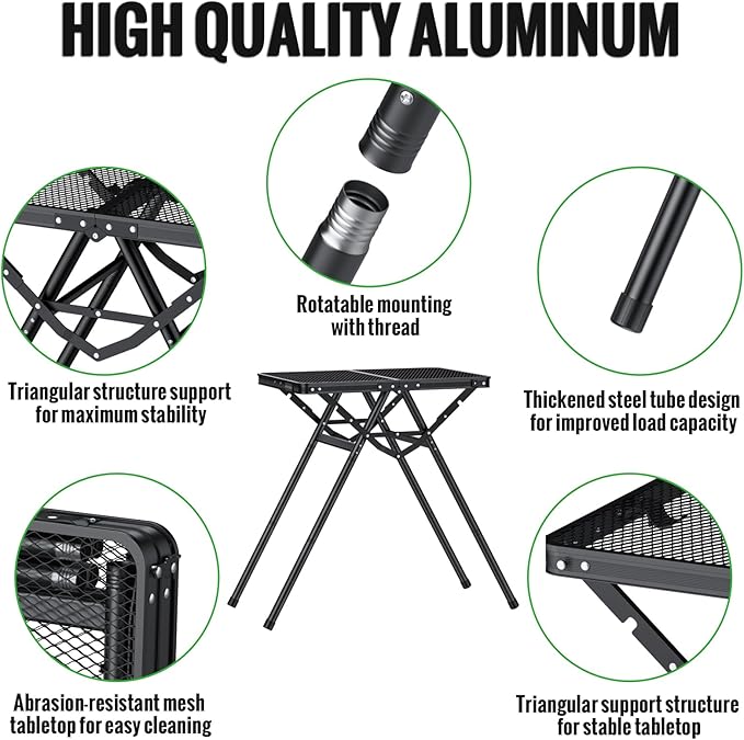 GARLLEN Folding Grill Table Max Capacity 180 lbs, 3 Adjustable Height Camping Table with Heat-Resistant Tabletop, Aluminum Picnic Table with Stable Structure for BBQ, Camping, Outdoor, 23.6"L x 15.7"W