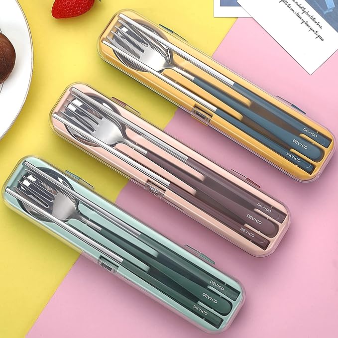 DEVICO Portable Utensils, Travel Reusable Silverware Flatware Set for Lunch, 18/8 Stainless Steel 4-Piece Camping Cutlery Include Fork Spoon Chopsticks with Case (Blue)
