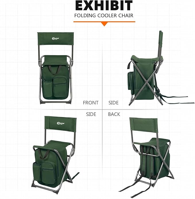 Portal Backpack Cooler Chair Fishing Chairs with Backrest Folding Camping Stool Compact for Outdoors Hiking Hunting Travel, Supports 225 lbs Capacity