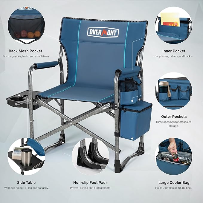 Overmont Oversized Lightweight Camping Chair - Portable Comfortable Heavy Duty Foldable Directors Chairs with Side Table & Cooler Bag for Outside Camp Beach Picnic Lawn and Fishing Supports 400lbs
