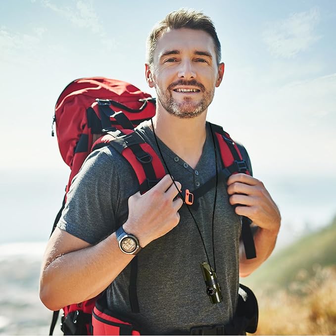Emergency Survival Whistle, 7-in-1 Outdoor Multifunctional Tool Safety Whistle with Lanyard, Ideal for Kayaking, Boating, Hiking, Camping, Climbing, Hunting, Fishing, Rescue Signaling