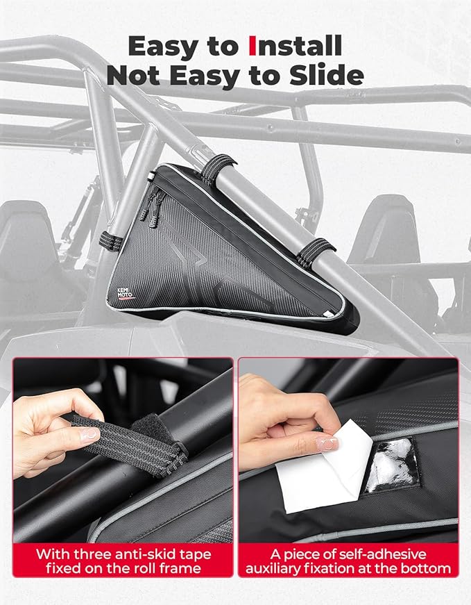 KEMIMOTO Roof Storage Bags for UTV Tool Triangle Bag Compatible with 2024/2025/2026 Polaris RZR XP 1000/4 1000 Fit UTV Roll Bar PVC Wear Resistant Double Zippers for Rear Anti-Roll Frame