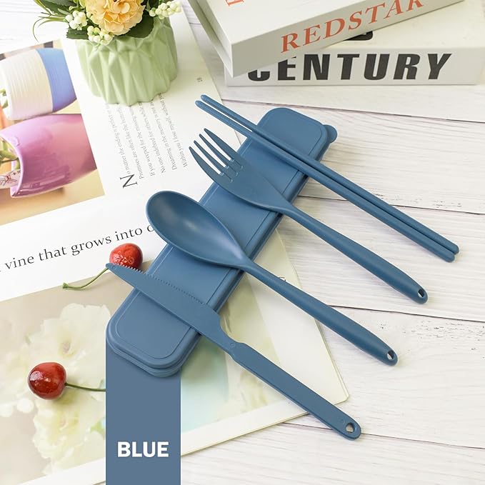 Large Reusable Travel Utensils Set with Case, Plastic Set for Adults Travel Picnic Camping, Portable Flatware Cutlery Set with Chopsticks for Daily Use(Dark Blue)
