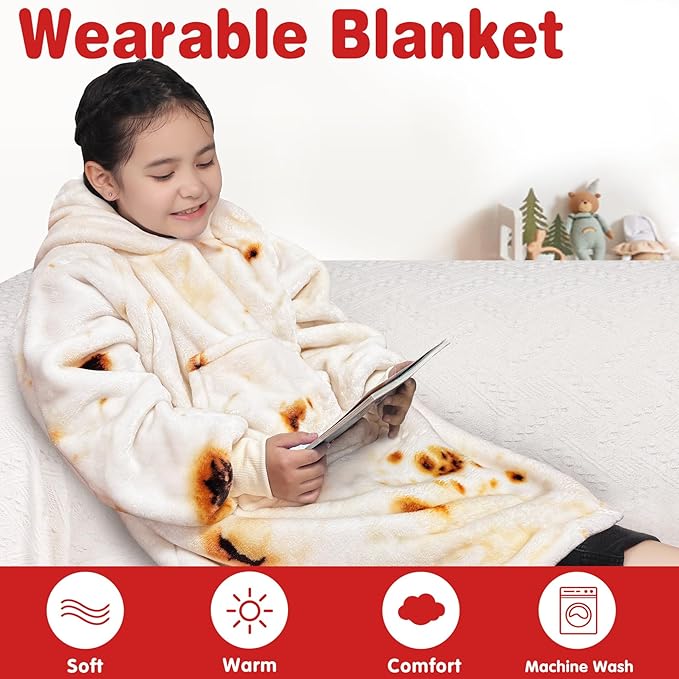 Waitu Wearable Blanket for Kids, Wearable Blanket Hoodie Gifts for Teens Girls and Boys, Warm Blanket Sweatshirt for Teenage, Thick Flannel Hoodie Blanket with Sleeves - Burritos