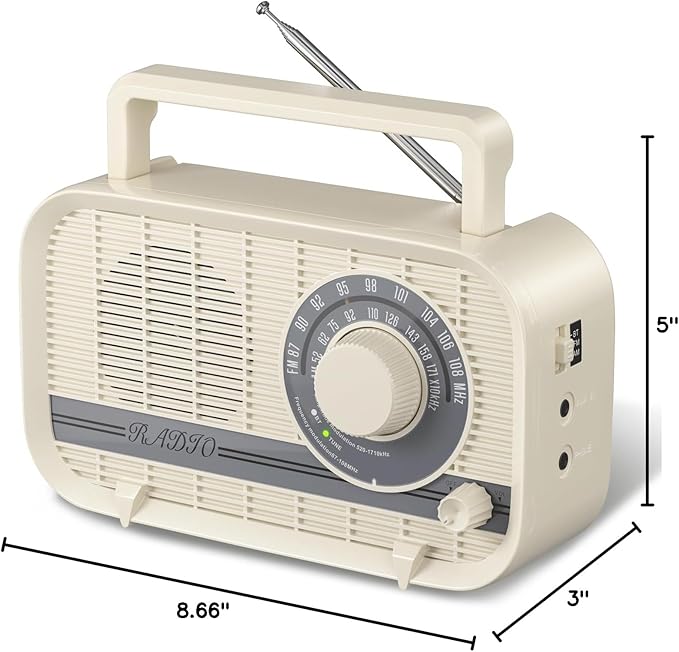 Portable AM FM Radio Plug in Wall or Battery Operated Radio with Best Reception, Bluetooth,Headphone Jack,Large Dial Easy to Use for Seniors Elderly Cream