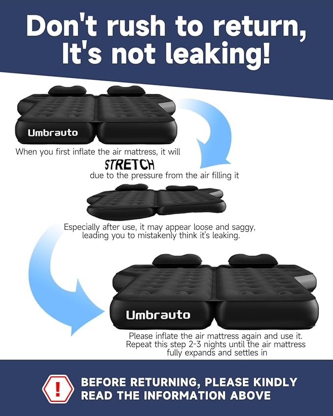 Umbrauto SUV Air Mattress w/Quick-Inflate Car Pump, Durable 2-Chamber Inflatable Van Sleeping Bed for Camping & Travel, Leakproof PVC, Flocked Top