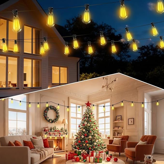 Outdoor Solar String Lights Waterproof: ST38 33ft Shatterproof Patio Lights - Solar Powered & USB Dual Charging - 3 Modes Button Control - Garden Backyard Gazebo Porch Party Decor
