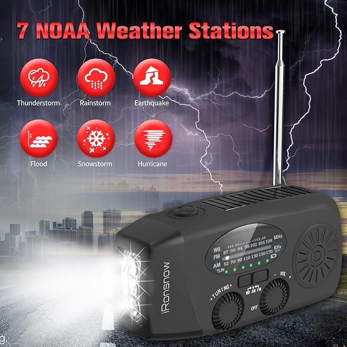iRonsnow Solar Emergency Hand Crank Weather Radio, Portable Self Powered NOAA AM/FM Radios with SOS Alarm LED Flashlight 5000mAh Smart Phone USB Charger for Camping (Black)