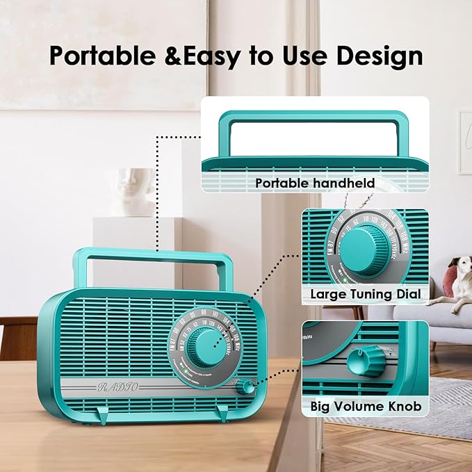 Portable AM FM Radio with Bluetooth, Plug in Wall and Play, or AA Battery Operated Radios, Best Reception Vintage Retro Radio Built in Clear Speaker Headphone/AUX in Jack Turquoise
