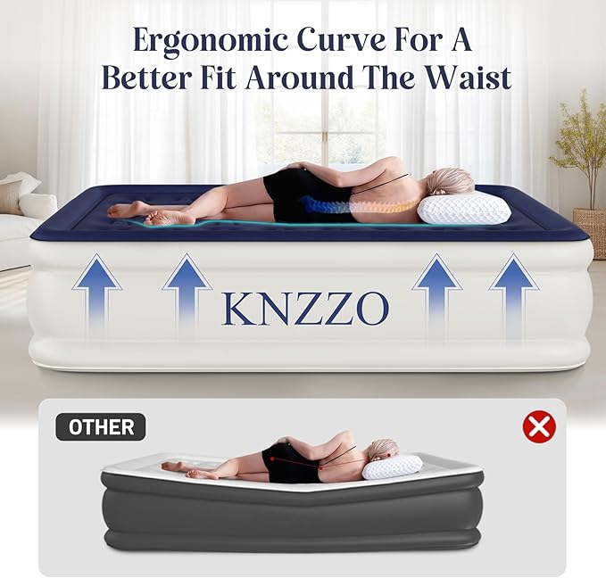 KNZZO Air Mattress Queen with Built-in Pump, Blow Up Mattress with Soft Flocked Top, Leakproof Inflatable Mattress, Foldable Waterproof Air Bed for Home, Guests, Camping, with Storage Bag