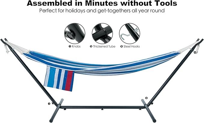 GAFETE Double Hammock with Stand for Outside, Upgraded Spreader Bar, Heavy Duty Space Saving Steel Stand 2 Person, Convenient Pocket, Easy Assembly, 600lbs Weight Capacity, Indoor & Outdoor (Rider)