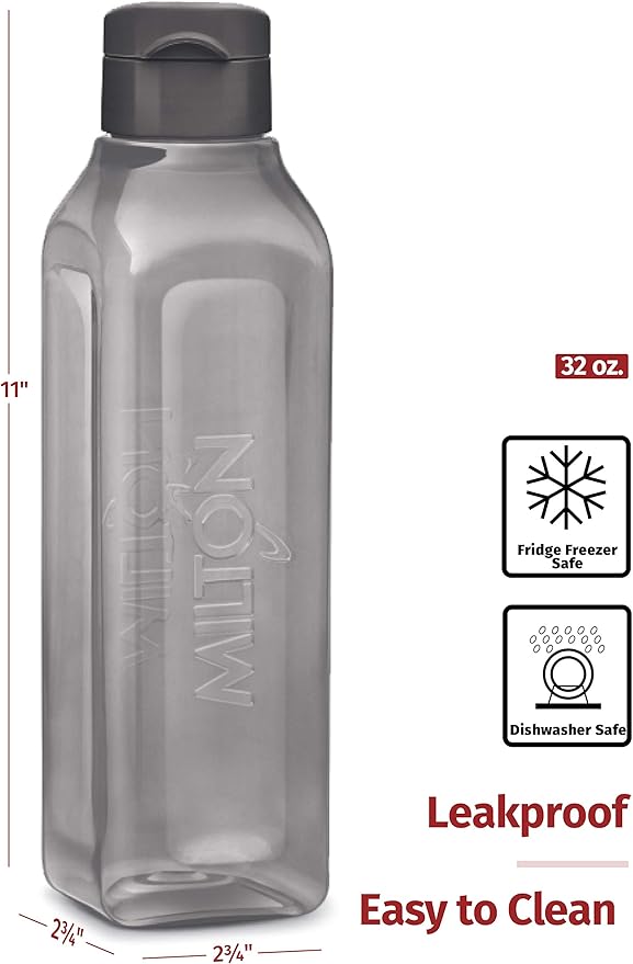 MILTON Sports Water Bottle Square Juice Box 4 Set 32 oz. Great for Juices Milk Smoothies Plastic Wide-Mouth Reusable Leak Proof Drink Bottle/Carton for School Bags Lunch Boxes Gym Flip Lid -BPA Free