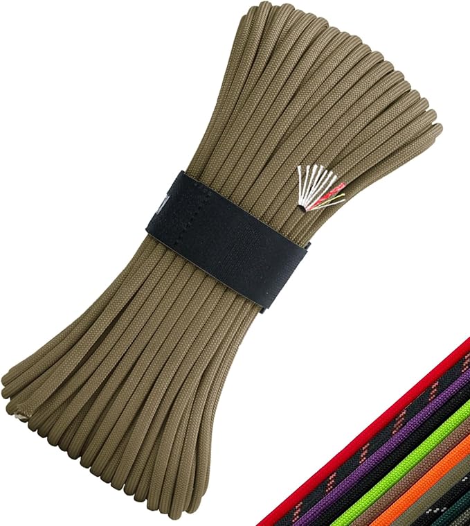 Survival Paracord 550 Fire Paracord Survivor Cord Nlyon Rope 10 Strands US Military Type III 550 Parachute Cord with Integrated Fishing Line, Fire-Starter Tinder 4 in 1