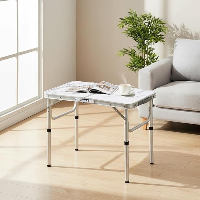 YUFIFAIRY Small Folding Camping Table, 2ft Portable Table with 3 Adjustable Heights, Aluminum Lightweight Foldable Picnic Table with Mesh Layer and Extension Legs for RV, BBQ and Indoor