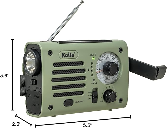 Kaito KA380 Emergency Radio & Portable Bluetooth Speaker – AM/FM NOAA Weather Radio Rechargeable with Solar Panel and Hand Crank Army Green